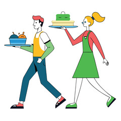 Two people serving food on trays