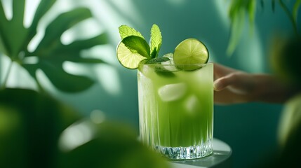 Refreshing Green Drink with Mint and Lime in Tall Glass for Tropical Vibes