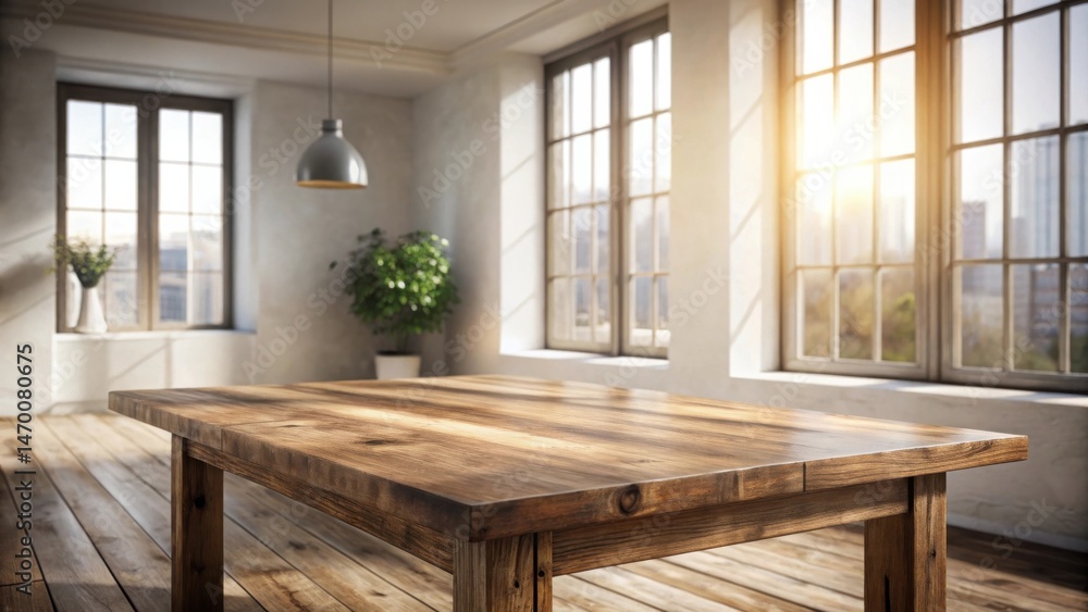 Aufkleber rustic wooden table in a sunlit room with large windows offering a bright and airy ambiance, perfect