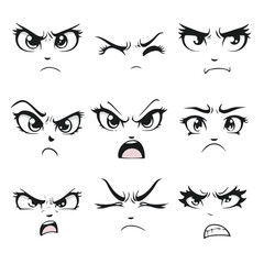 Set Of Nine Expressive Anime Style Face Elements Displaying Various Emotions And Moody Gestures In Black And White