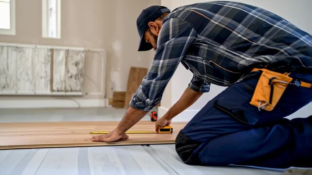 Young Carpenter Installing Wooden Flooring in Modern Home During Renovation Project

