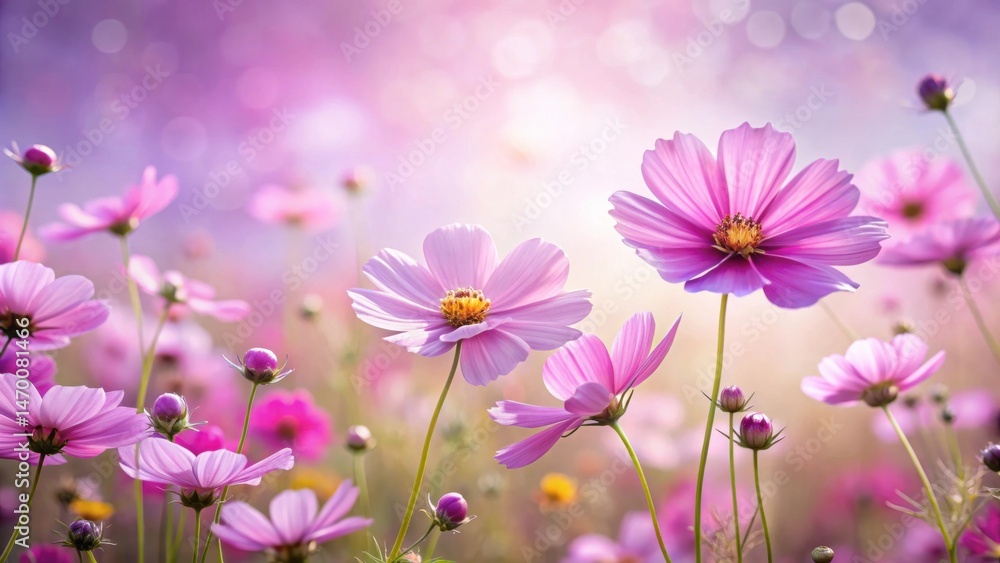 Poster a field of delicate pink cosmos flowers basking in the soft glow of the setting sun, a serene and en