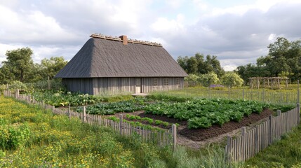 Obraz premium Rustic cottage garden, sunny day, rural landscape, farming