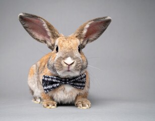 Obraz premium A cute bunny with oversized ears, wearing a fun bowtie, posed in a studio with a solid textured background, soft shadows, empty space on the right