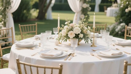 Outdoor wedding reception table setting with white tablecloth, gold chairs, and floral centerpiece under white tents in a garden setting creates an elegant and dreamy atmosphere 8K