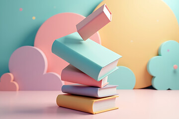 Fototapeta premium Pastel colored books stacked artfully with a book floating above in a vibrant and whimsical design suitable for education concepts.