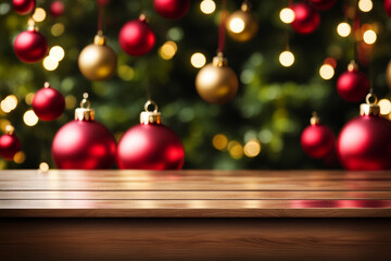 Christmas tree background with decoration and blurred light bokeh with empty dark wooden deck table for product montage