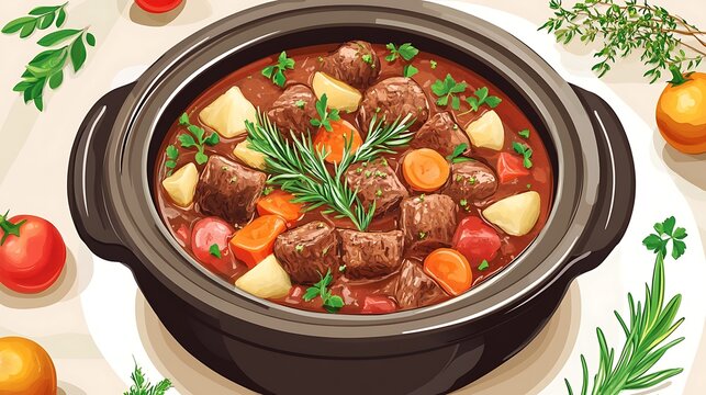 Beef Stew in Crockpot with Herbs.