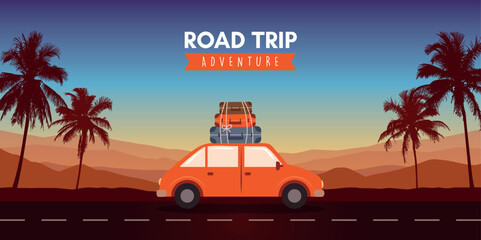 Fototapeta na wymiar road trip adventure in the wilderness car on tropical landscape vector illustration