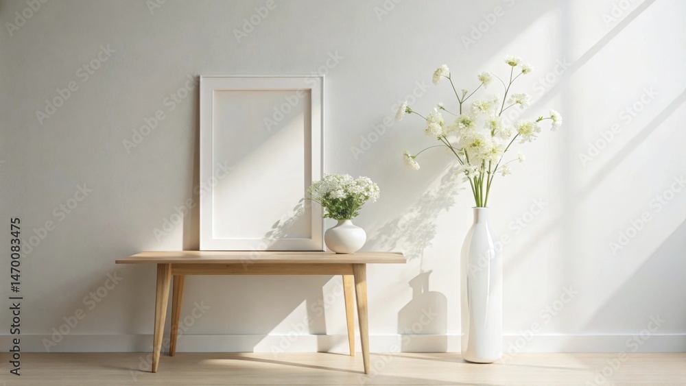 Aufkleber Sunlit Minimalist Interior Design with Empty Frame and White Flowers in Vases on Wooden Console Table