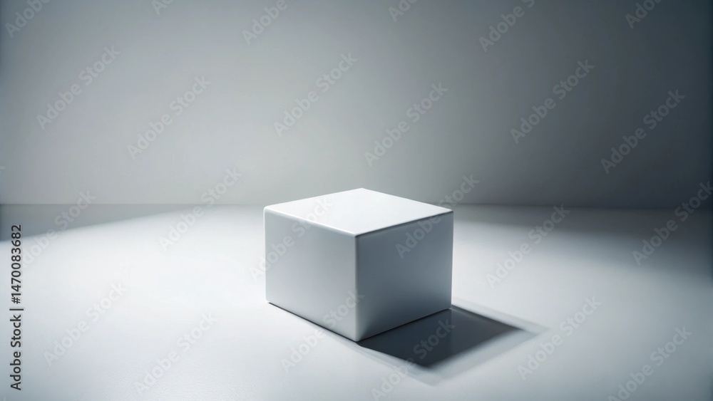 Poster a simple white cube sits centrally on a minimalist, brightly lit surface against a neutral backdrop