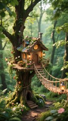 Enchanting fairy treehouse nestled in a lush green forest with a rope bridge leading to adventure, showcasing whimsical architecture and glowing lanterns 8K