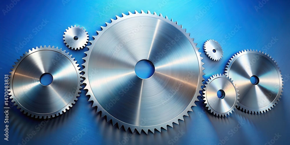 Poster Precisely Engineered Metal Cogwheels Intermeshed in a Complex System Displaying Smooth Surfaces and Intricate Details Against a Vibrant Blue Background