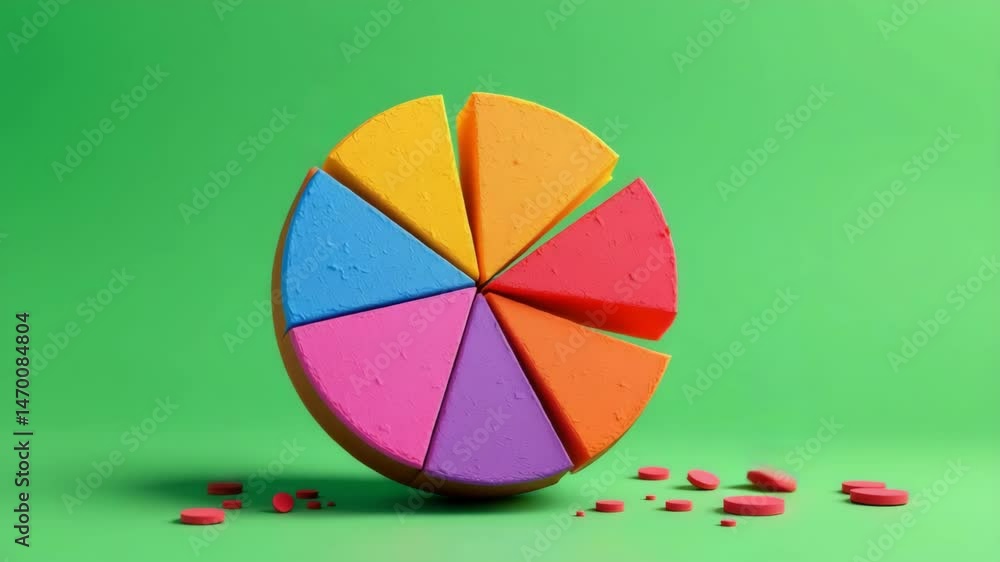 Poster a colorful 3d pie chart with separate segments and round pieces on a bright green background.