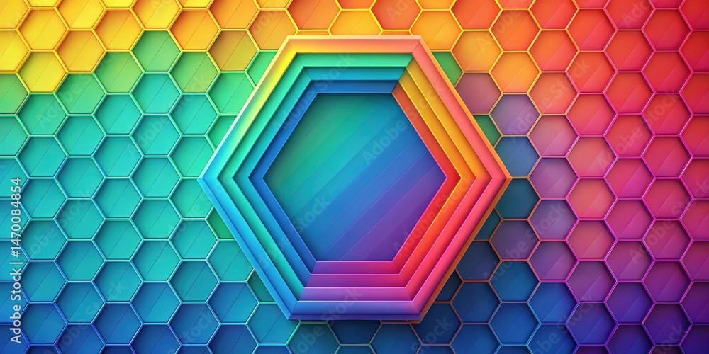 Poster Abstract Hexagon Pattern Background with Vivid Color Gradient and Layered Hexagonal Frame