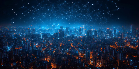 Connected cityscape at night with futuristic network of technology nodes overlaying skyscrapers representing global communication and data exchange for modern urban infrastructure 