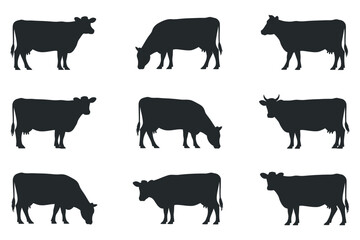 Nine Black Cow Silhouettes in Various Poses Grazing and Standing