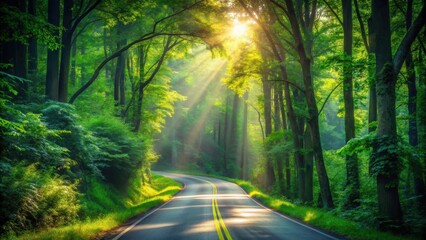 Obraz premium Sunlit Pathway Through Lush Forest Canopy, Winding Road Beckoning Towards Serene Destination