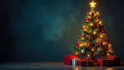 A beautifully decorated Christmas tree stands tall, adorned with ornaments and twinkling lights, presents piled beneath , winter, happy holidays