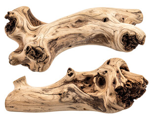 Two pieces of weathered driftwood with unique twisted shapes and textured surfaces.
