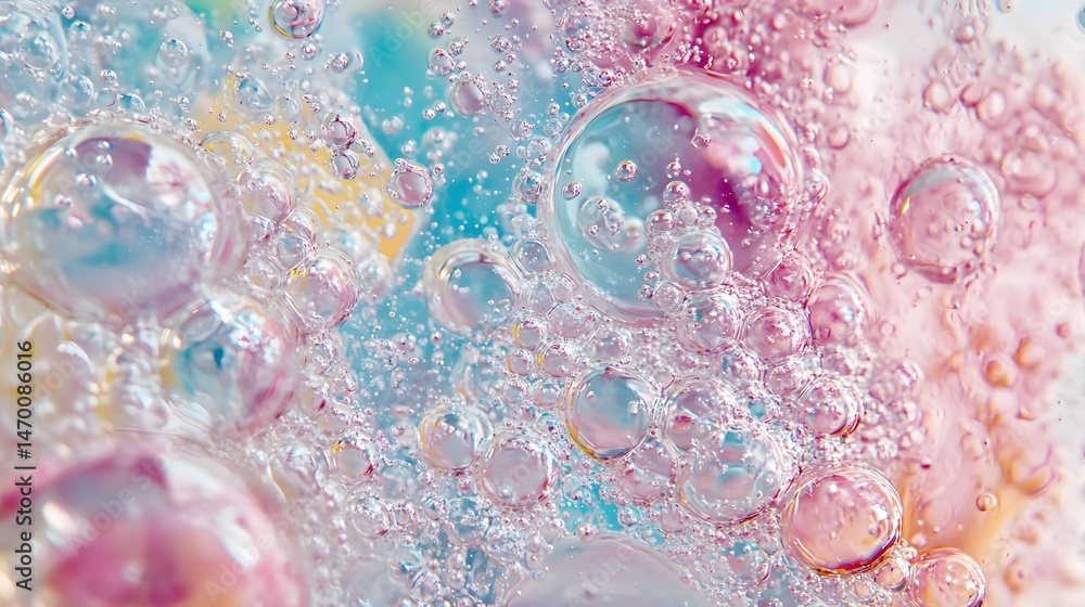 Poster high-detail macro of glossy bubbles with soft reflections and colorful shine