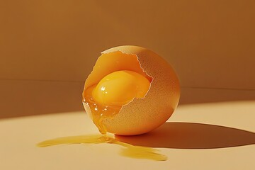 A photo realistic egg cracked open with yolk showing hdr isolated on tan background