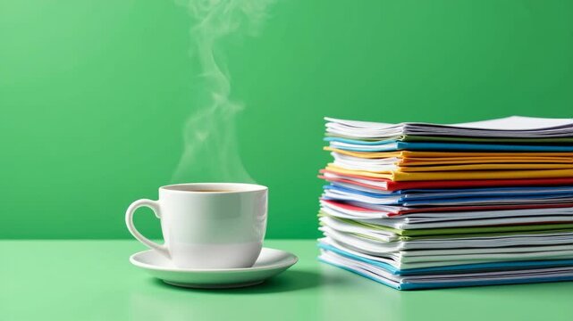 A steaming cup of coffee sits beside a colorful stack of paper folders on a green background.