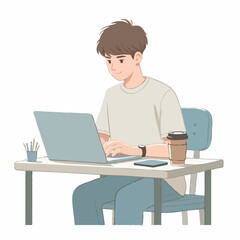 Male intern working at desk with laptop