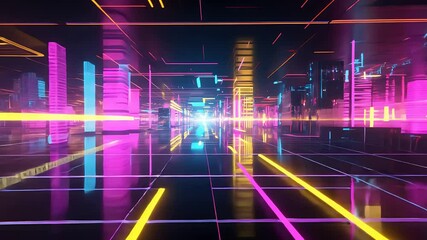 Futuristic neon digital cityscape with glowing pink, yellow, and blue light grids reflecting on glossy surfaces in a cyberpunk virtual world

 - Powered by Adobe