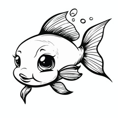 Black And White Illustration Of Adorable Cartoon Fish With Big Eyes And Bubbles