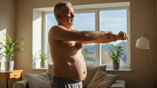 Senior man stretching in living room with natural light  