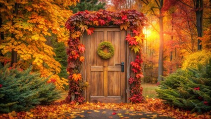 Autumnal Wooden Doorway Framed by Vibrant Fall Foliage and a Festive Wreath