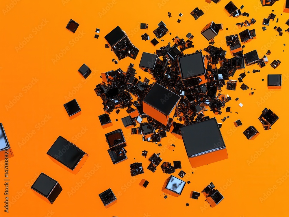 Poster abstract arrangement of dark shapes and fragments floating against a gradient orange background. sha