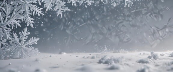 Obraz premium Elegant snowflake border; large & small flakes on snowy backdrop, intricate, elegant
