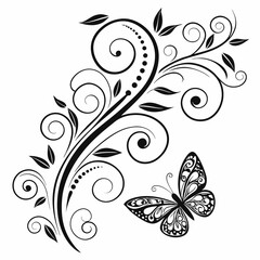 Elegant black and white floral design with a butterfly intricate swirls leaves and delicate details create a beautiful