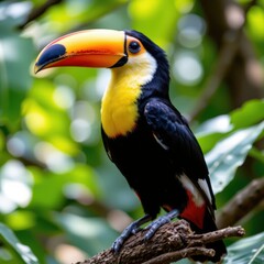 Close-up of wildlife bird, toucan, in nature. A colorful toucan perched on a branch amidst lush green foliage, showcasing its distinctive beak and vibrant plumage.