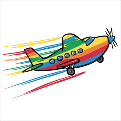 Rainbow plane streaks across white background