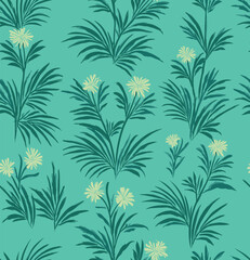 Handmade Repeating Pattern Of Stylized Plants With Green Leaves And White Flowers On A Teal Background.