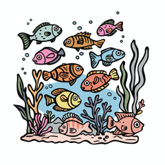 Obraz premium Colorful Cartoon Fish Illustration With Seaweed And Bubbles Underwater Hand Drawn Style For Children