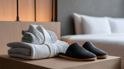 Cozy hotel amenities showcasing a bathrobe slippers and towels for a comfortable stay