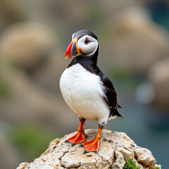 Close-up of wildlife bird, puffin, in nature. A colorful puffin stands proudly on a rocky perch, showcasing its unique beak and vibrant plumage against a blurred background.
