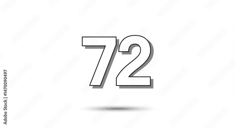 Poster minimalistic image featuring the number seventy-two with shadow effect on white background