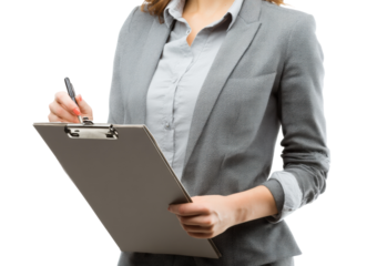 Business professional conducting notes during meeting or interview on a transparent background, cut out