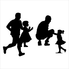 Fototapeta premium Father Son baby children Father with kids vector silhouette illustration isolated on white background gild. Dad and two sons walking the street and holding hands. Fathers day.