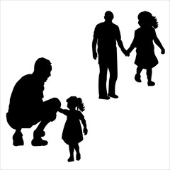 Father Son baby children Father with kids vector silhouette illustration isolated on white background gild. Dad and two sons walking the street and holding hands. Fathers day.