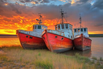 Fototapeta premium Rusty fishing boats at sunset