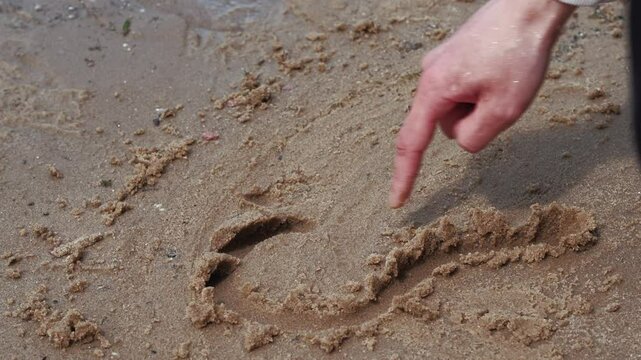 A man's hand draws a heart on wet sand.
A finger on the sand and a drawing in the form of a heart.
A declaration of love.
A romantic act at sea.
Romance, heart, love, hand