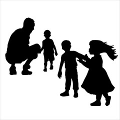 Father Son baby children Father with kids vector silhouette illustration isolated on white background gild. Dad and two sons walking the street and holding hands. Fathers day.