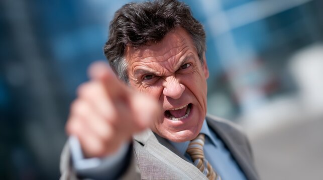 Angry Businessman Accusing with City Background.