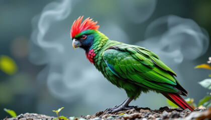 Obraz premium Close-up of wildlife bird, quetzal bird, in nature. Colorful bird with a striking red crest, perched gracefully against a soft, misty background, showcasing vibrant plumage.